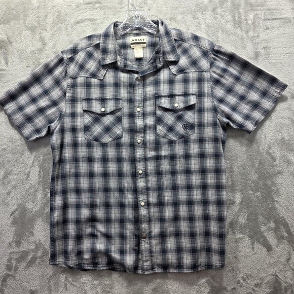 Ariat Shirt Mens Large Blue Gray Plaid Retro Fit Short Sleeve Western Pearl Snap - Picture 1 of 12